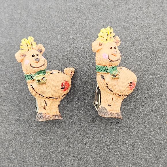 Hand Painted Reindeer Clip On Earrings Tan Brown Cutesy Christmas Holiday - Picture 1 of 3